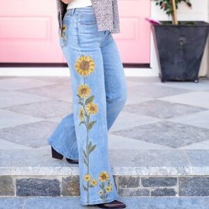 Oli & Hali Sunflower Embroidered Women's Flare Light Wash Jeans